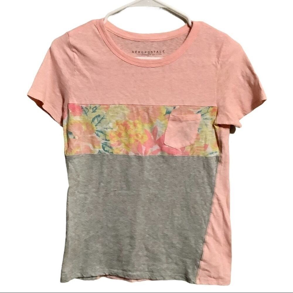 AEROPOSTALE Tropical Floral Color-Block Pink Gray Shirt Size Small